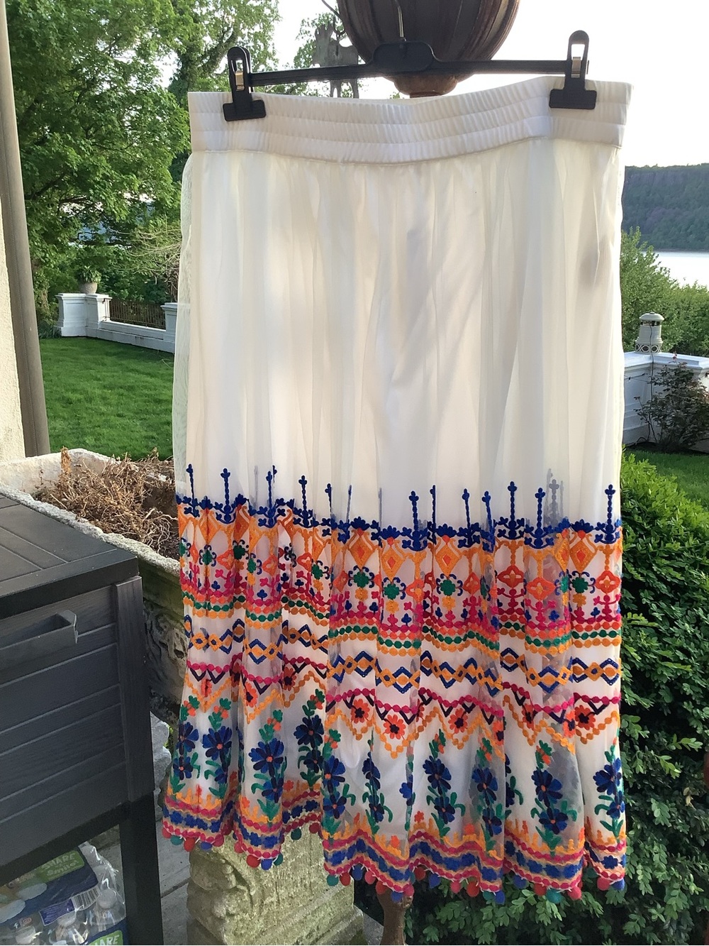 Soft Surroundings White Midi Skirt with Multicolor Embroidered Hem
